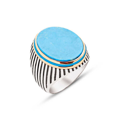 Sterling Silver + Turquoise Stone + Side Enamel Decorated Striped Ring (10)