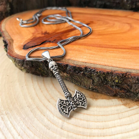 Sterling Silver Balta Skull Axe Pendant + Wheat Chain Necklace // 21.65"