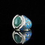 Unique Enamel Ring with Beryl Emerald // Green + Blue + Silver (5.5)