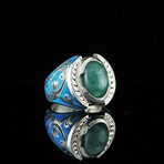 Unique Enamel Ring with Beryl Emerald // Green + Blue + Silver (10)