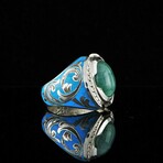Unique Enamel Ring with Beryl Emerald // Green + Blue + Silver (6.5)