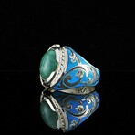 Unique Enamel Ring with Beryl Emerald // Green + Blue + Silver (6.5)