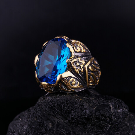 Unique Blue Topaz Ring // Blue + Gold + Black (5)