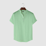 Classic Collar Short Sleeve Half Pop Linen Shirt // Pistachio Green (S)