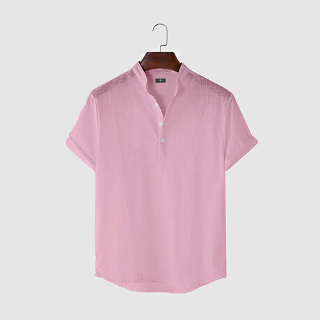 Command Collar Short Sleeve Half Pop Linen Shirt // Pink (XS)