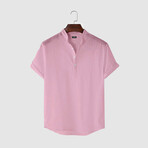 Command Collar Short Sleeve Half Pop Linen Shirt // Pink (XS)