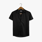 Slim-Fit Cropped Collar Short Sleeve Patterned Shirt I // Black (L)