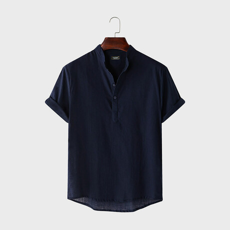 Classic Collar Short Sleeve Half Pop Linen Shirt // Navy Blue (XS)