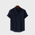 Classic Collar Short Sleeve Half Pop Linen Shirt // Navy Blue (L)