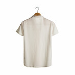 Slim-Fit Cropped Collar Short Sleeve Striped Shirt I // Beige (M)