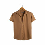Slim-Fit Cropped Collar Short Sleeve Shirt // Beige (L)