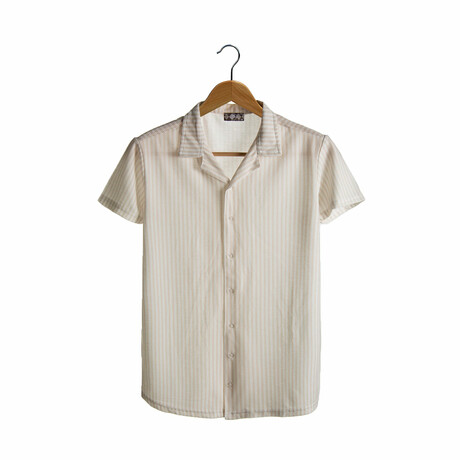 Slim-Fit Cropped Collar Short Sleeve Striped Shirt I // Beige (XS)