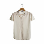 Slim-Fit Cropped Collar Short Sleeve Striped Shirt I // Beige (L)