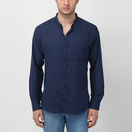 Judge Collar Long Sleeve Linen Shirt // Navy Blue (XS)