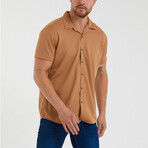 Slim-Fit Top Collar Short Sleeve Honeycomb Shirt // Beige (S)