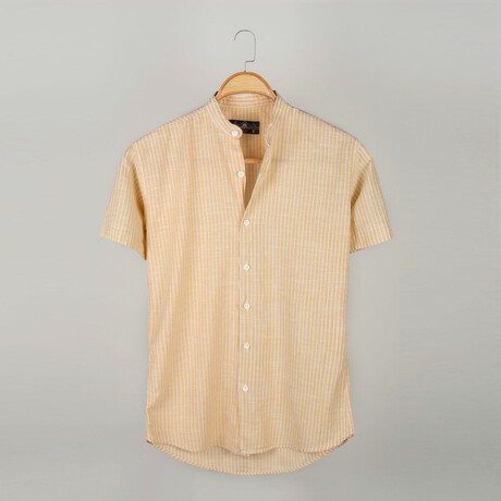 Classic Collar Short Sleeve Striped Half Pop Linen Shirt // Yellow (L)