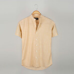 Classic Collar Short Sleeve Striped Half Pop Linen Shirt // Yellow (L)