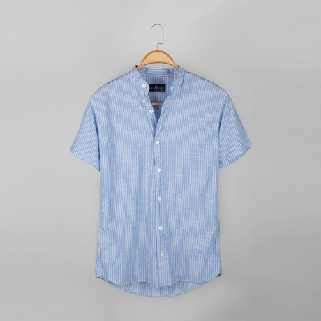 Classic Collar Short Sleeve Striped Half Pop Linen Shirt // Blue (XS)