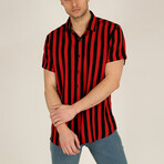 Regular Fit Top Collar Short Sleeve Striped Shirt // Red (XS)