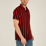 Regular Fit Top Collar Short Sleeve Striped Shirt // Red (M)