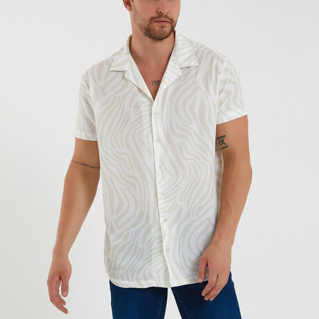 Slim-Fit Top Collar Short Sleeve Patterned Shirt // Beige (XS)