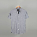 Classic Collar Short Sleeve Striped Half Pop Linen Shirt // Gray (L)