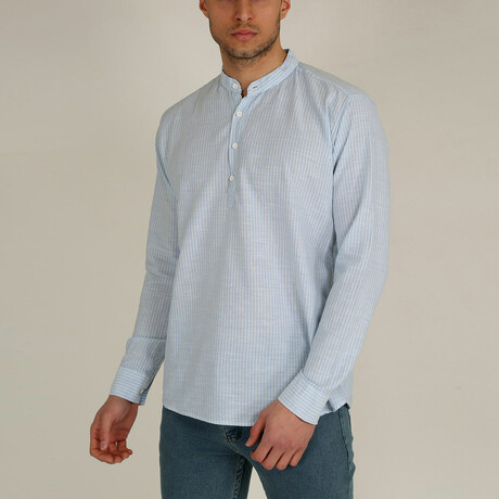 Classic Collar Long Sleeve Half Pop Linen Shirt I // Ice Blue (XS)