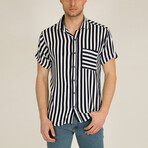 Straight Striped Short Sleeve Pocket Shirt // Navy Blue (S)