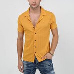 Apas Collar Line Textured Short Sleeve Shirt // Mustard (M)
