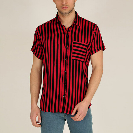 Straight Striped Short Sleeve Pocket Shirt // Red (XS)