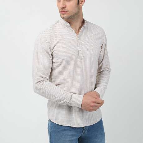 Classic Collar Long Sleeve Half Pop Linen Shirt // Beige (XS)