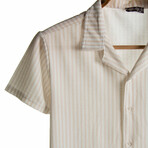 Slim-Fit Cropped Collar Short Sleeve Striped Shirt I // Beige (2XL)