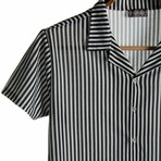 Slim-Fit Cropped Collar Short Sleeve Striped Shirt I // Black (M)