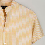 Classic Collar Short Sleeve Striped Half Pop Linen Shirt // Yellow (S)