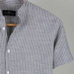 Classic Collar Short Sleeve Striped Half Pop Linen Shirt // Gray (L)