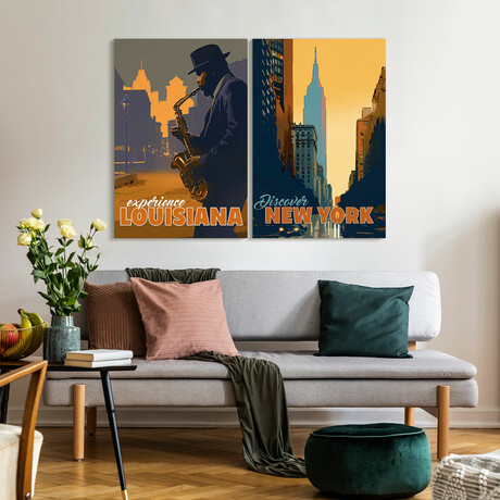 Down In The Bayou & New York Minute // Frameless Free Floating Tempered Glass Panel Graphic Wall Art // Set of 2