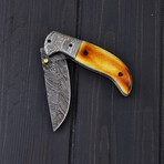 Handmade Damascus Burnt Liner Lock Knife