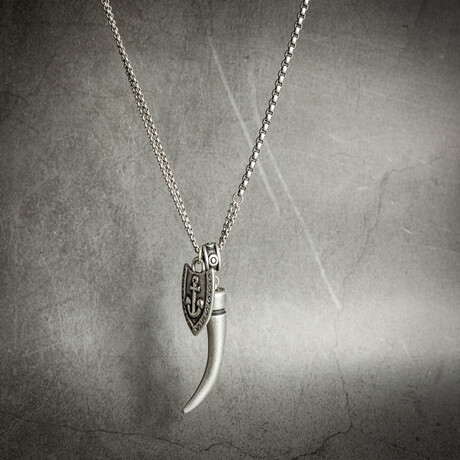 Silver Tusk + Anchor Shield Pendant Necklace // 22" + 2" Extension
