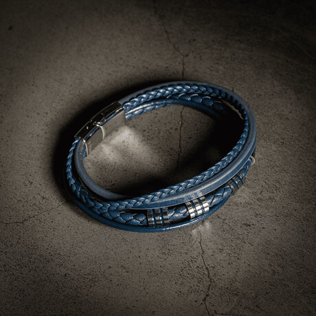 Four Layer Blue Leather Stack Bracelet // 7.5" + 0.5" Extension