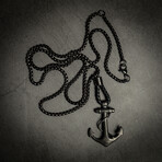 Black Anchor Necklace with Leather Lasso // 22" + 2" Extension