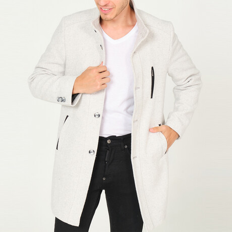 Mock Neck Button Up Over Coat // Grey Cream (Small)