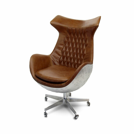 Aviator Egg Variant Office Chair // Removable Aluminum Casters +  Brown Leather