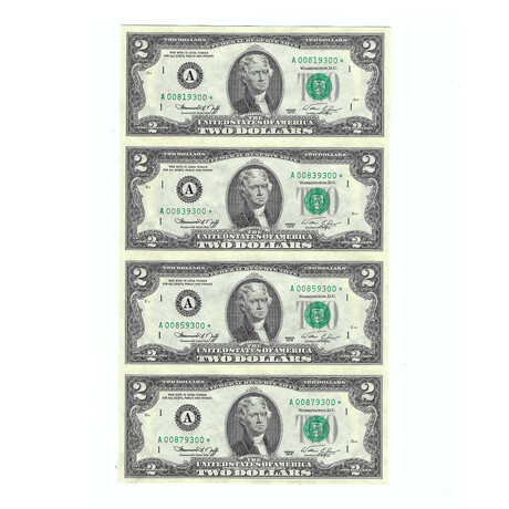 1976 $2 Federal Reserve Banknotes // Uncut Sheet of 4 Unissued Notes