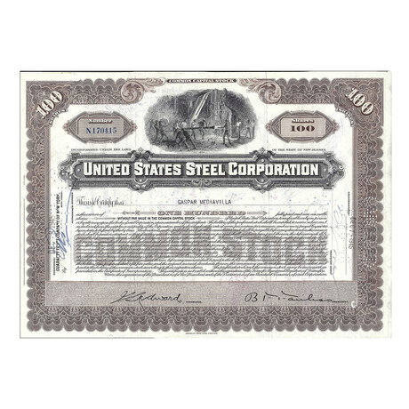 United States Steel Corp. Stock Certificate // 100 Shares // Brown // 1940s