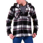 Plaid Pattern Hooded Flannel // Black + White + Red (M)