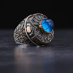 Blue Amber Vizier Design Silver Ring (10.5)