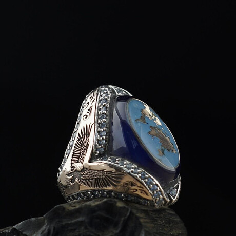 Navy Amber Eagle Design Silver Ring (9)