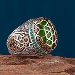 Green Amber Stone Silver Cage Ring (10.5)