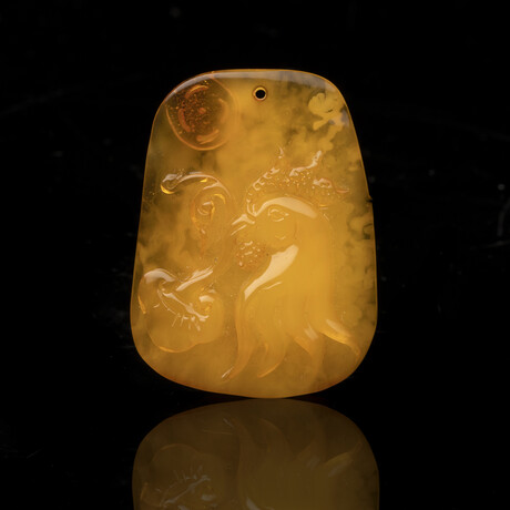 Carved Butterscotch Amber Rooster and Mushroom Pendant // 5.06 Grams
