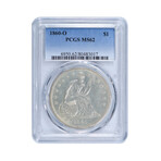 1860-O Seated Liberty Silver Dollar // PCGS Certified MS62 // Wood Presentation Box